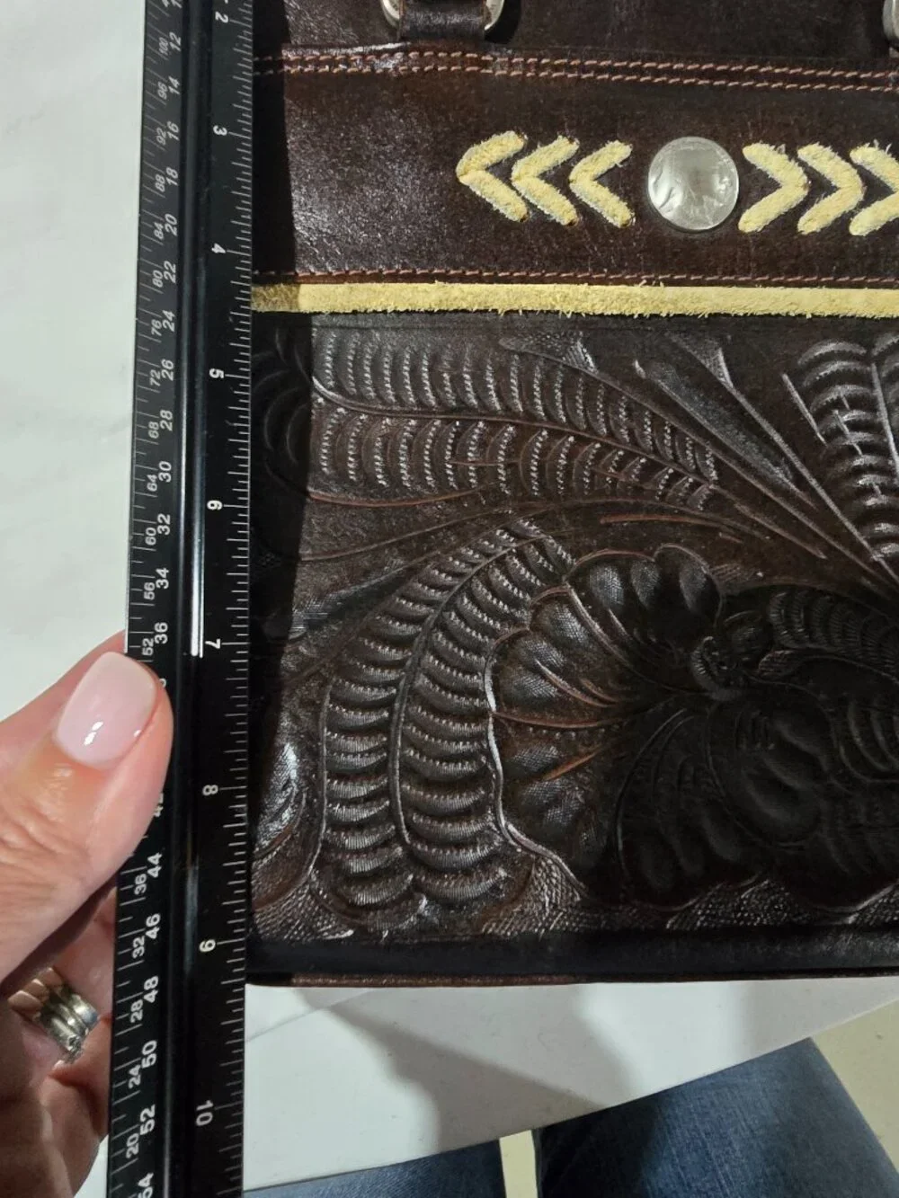 American West Brown Tooled Leather Shoulder Bag Vintage Buffalo Nickel Accent